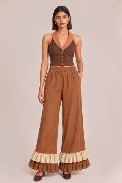 Café No.01 brown sleeveless top with caramel shawl collar