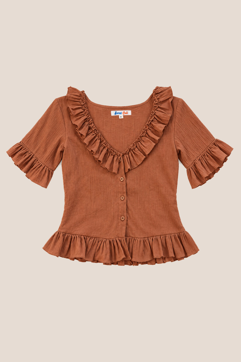 Cortado brown cotton crepe ruffle top front view