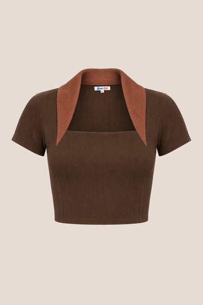 Front view of Espresso Collar brown corduroy crop top