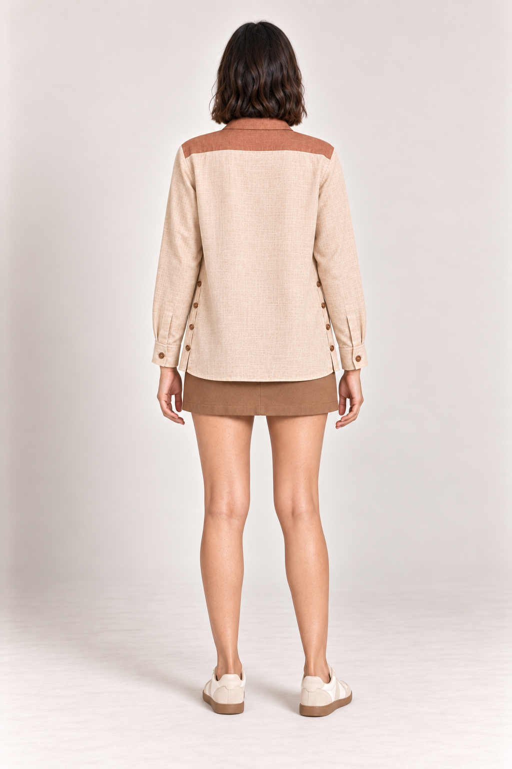 Back view of Latte Crema beige cotton slub shirt