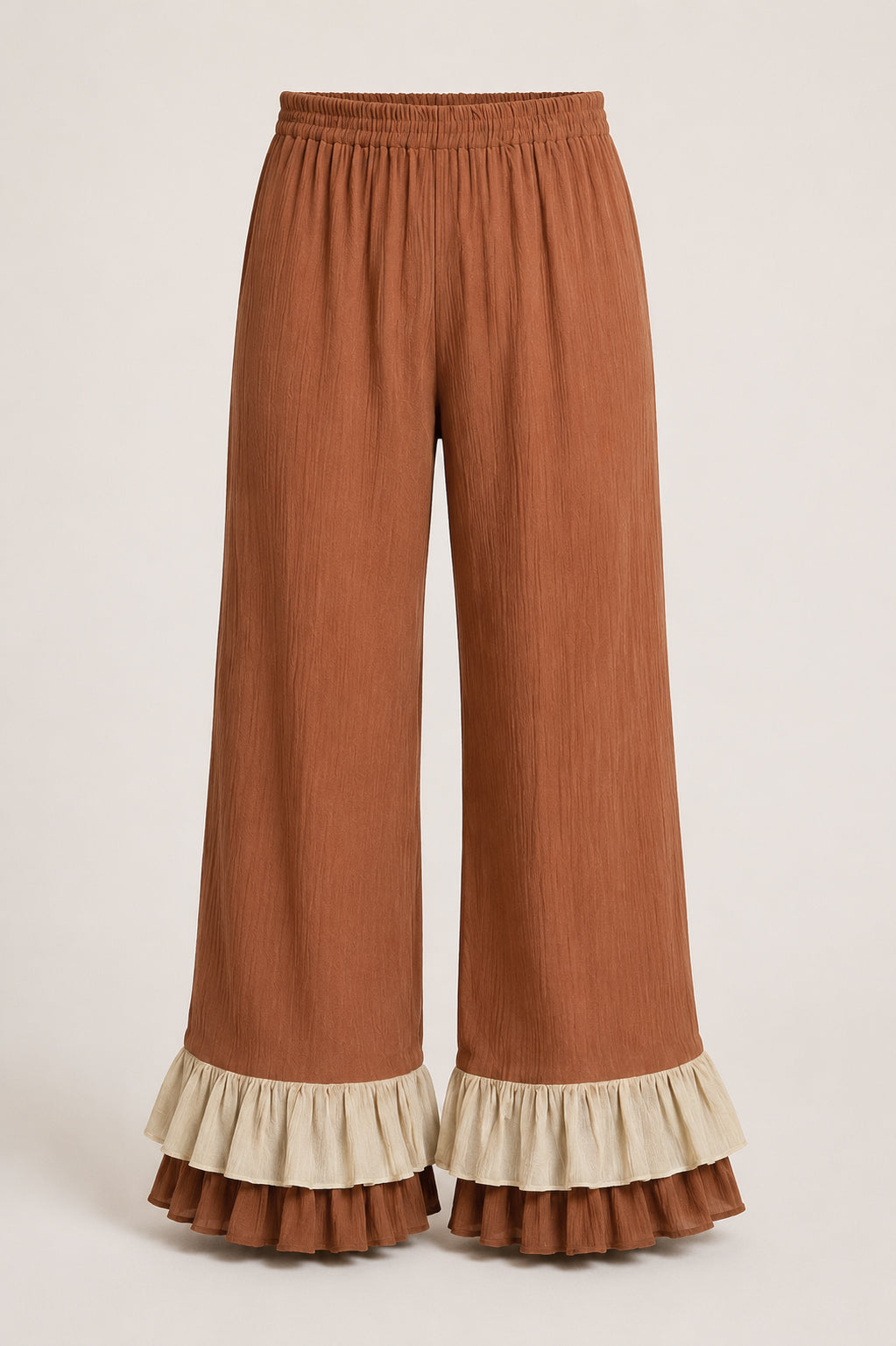 Front view of Mocha Vanilla brown wide-leg ruffle pants