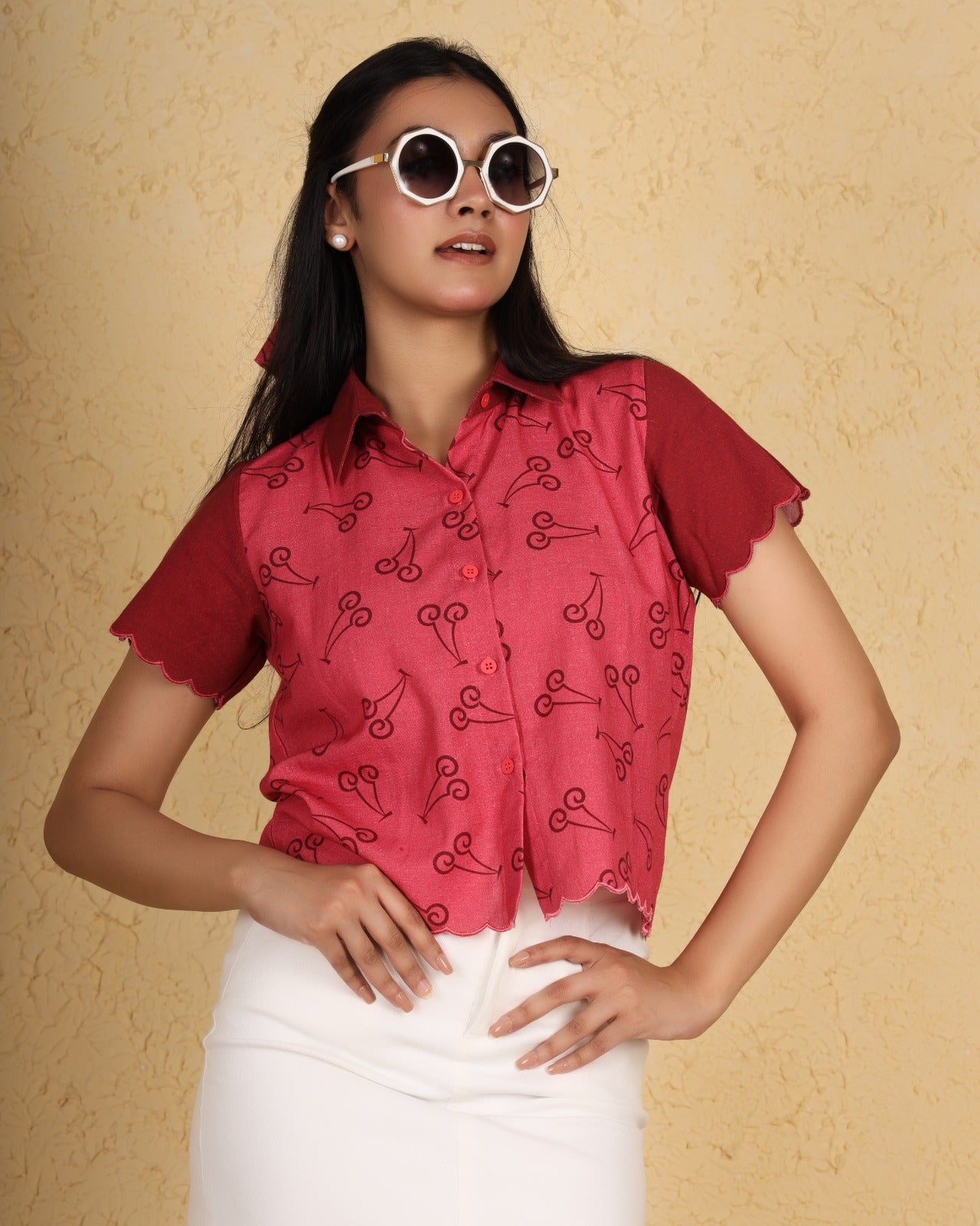 Red Blossom Cherry Scallop Shirt