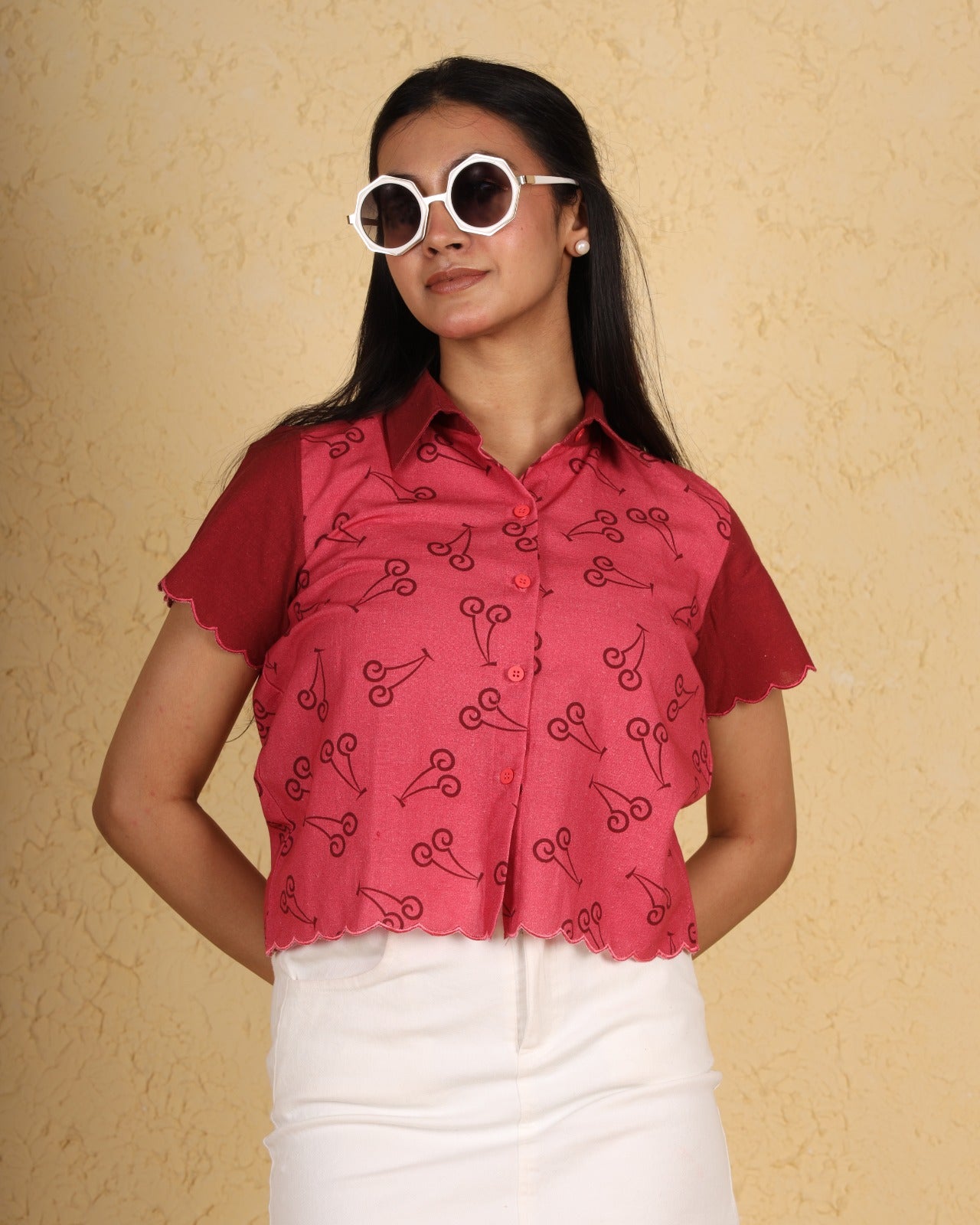 Red Blossom Cherry Scallop Shirt