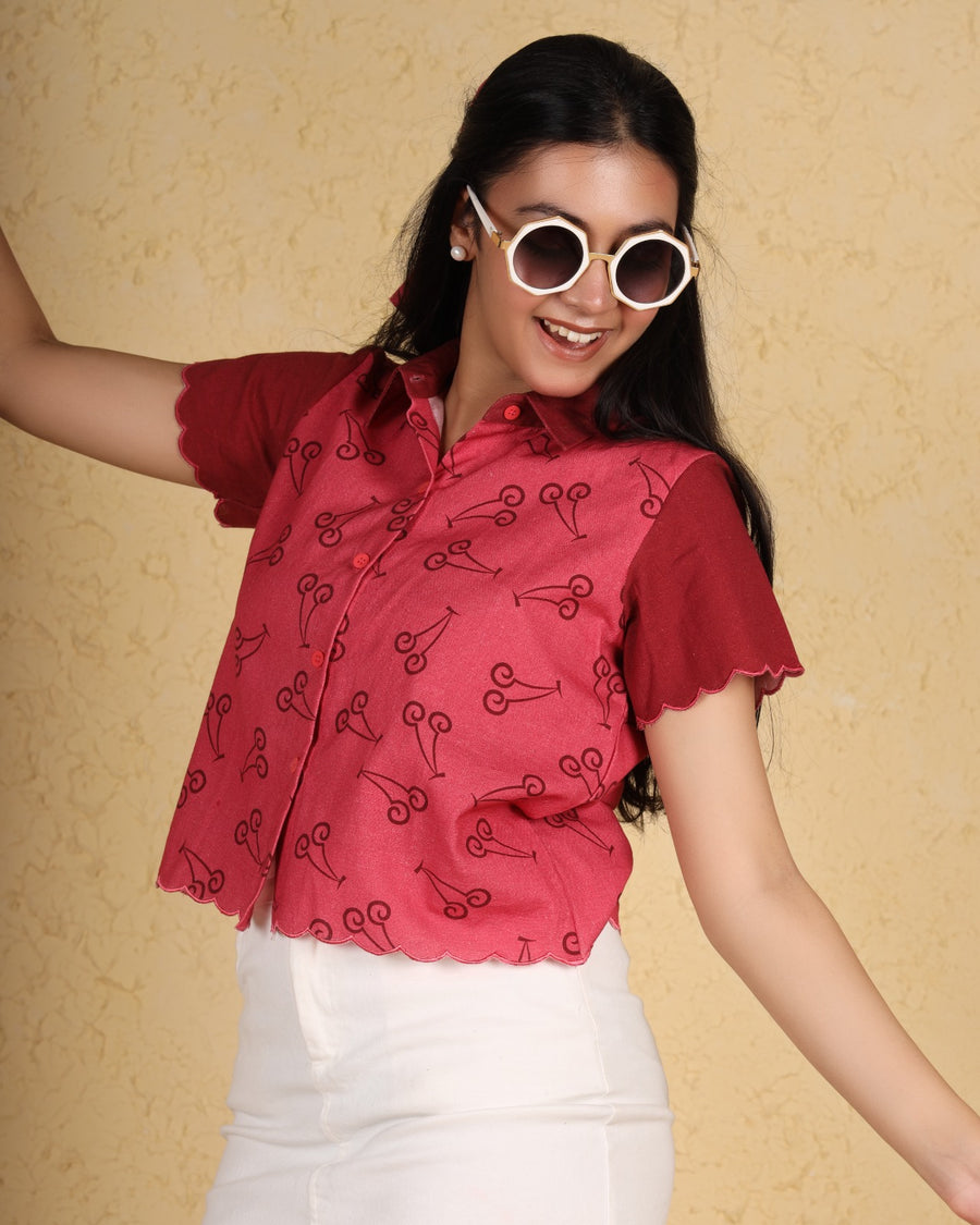 Red Blossom Cherry Scallop Shirt