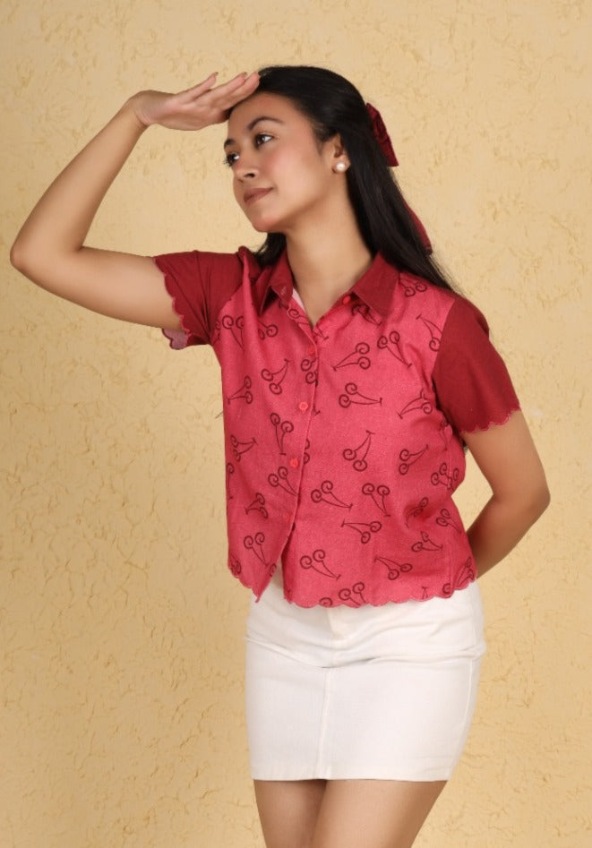 Red Blossom Cherry Scallop Shirt